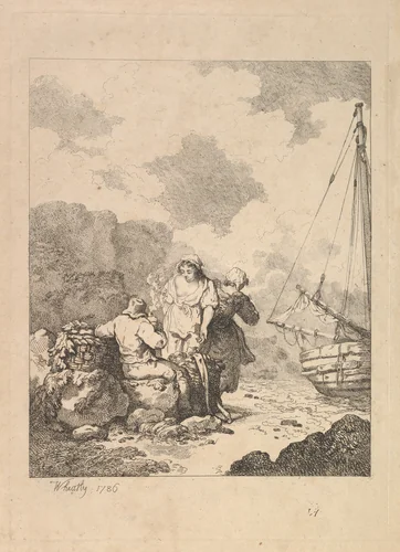 Fishermen by the Shore – Coastal Scene with a Man Sitting on Rocks and Smoking a Pipe, Next to a Standing Young Woman, with a Second Woman Behind by Thomas Rowlandson, print, 1786