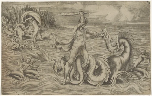Hercules worstelt met Acheloüs by Unknown, print, 1501-1580