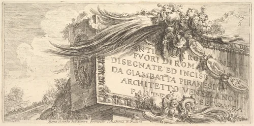 Frontispiece to "Roman Antiquities outside Rome drawn and etched by Giambat'ta Piranesi, Venetian Architect Part Two" (ANTCHITÀ ROMANE FUORI DI ROMA DISEGNATE ED INCISE DA GIAMBAT'TA PIRANESI, ARCHITETTO VENEZIANO, PARTE SECONDA) by Giovanni Battista Piranesi, print, 1743-1753