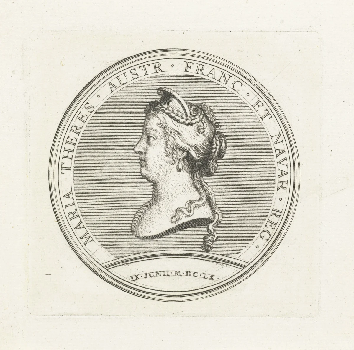 Penning met buste van Maria-Theresia van Spanje by Gerard Edelinck, print, 1702