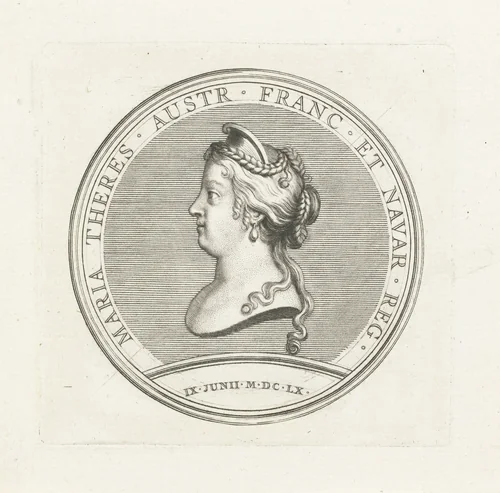 Penning met buste van Maria-Theresia van Spanje by Gerard Edelinck, print, 1702