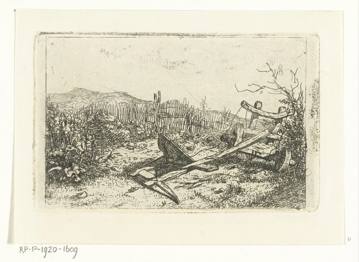 Ploeg bij een schutting by Albertus Brondgeest, print, 1796-1849