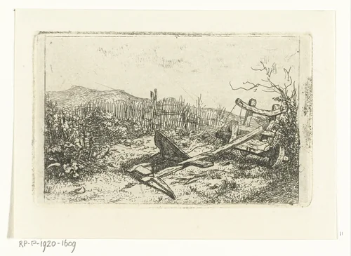 Ploeg bij een schutting by Albertus Brondgeest, print, 1796-1849