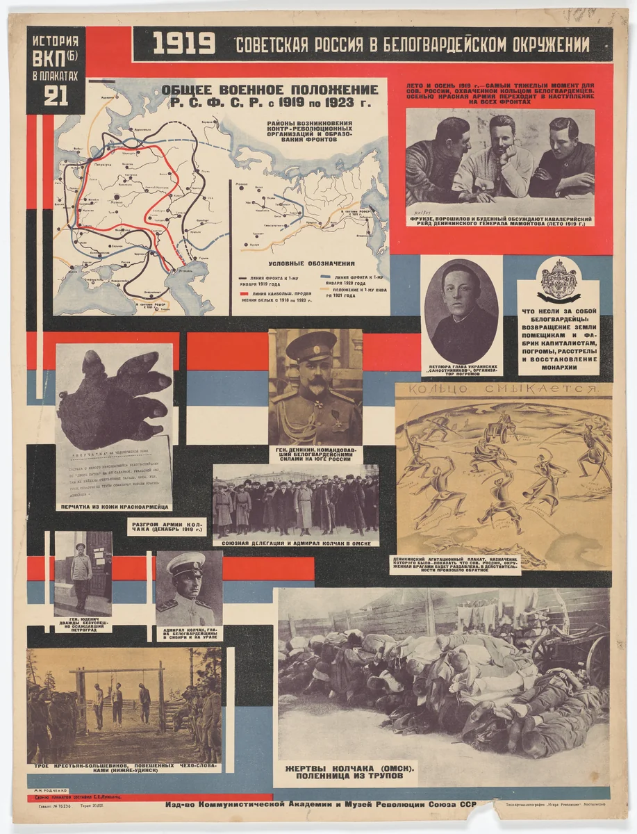 Soviet Russia Encircled by the White Guard, 1919 (1919 Sovetskaia Rossiia v belogvardeiskom okruzhenii). Poster no. 21 of 25 from the series The History of the All-Union Communist Party (of Bolsheviks) in Posters (lstoria VKP[b] v plakatakh) by Aleksandr Rodchenko, print, 1926
