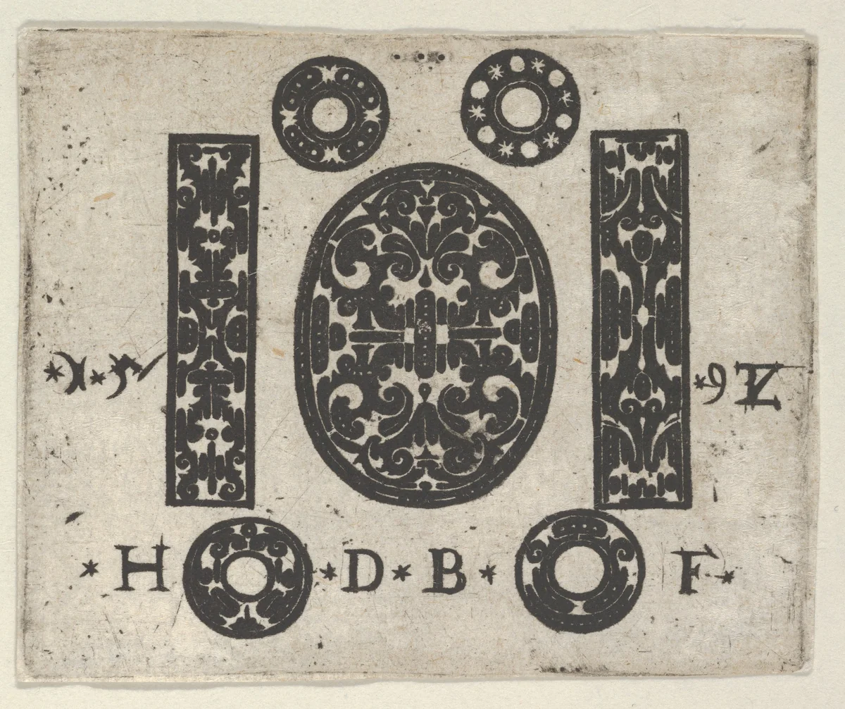 Blackwork Print with Two Vertical Panels Flanking an Oval at Center with Four Small Circles by Hans de Bull, print, 1592