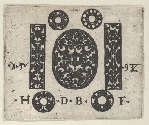 Blackwork Print with Two Vertical Panels Flanking an Oval at Center with Four Small Circles by Hans de Bull, print, 1592