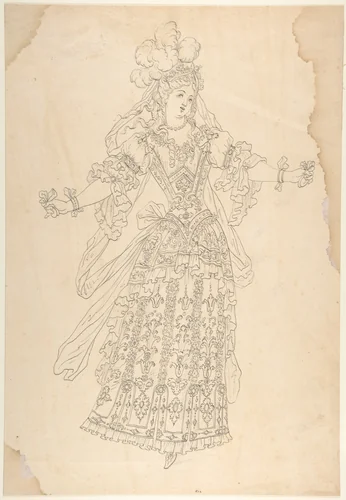 Female Actor in Ballet Costume by Jean Berain, drawing, 1655-1711