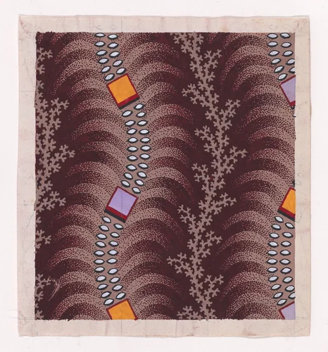 Textile Design with Undulating Vertical Strips of Squares Joined by Lens-Shaped Pearls over Undulating Stylized Palm Leaves Separated by Vertical Garlands of Branches by anonymous, drawing, 1840