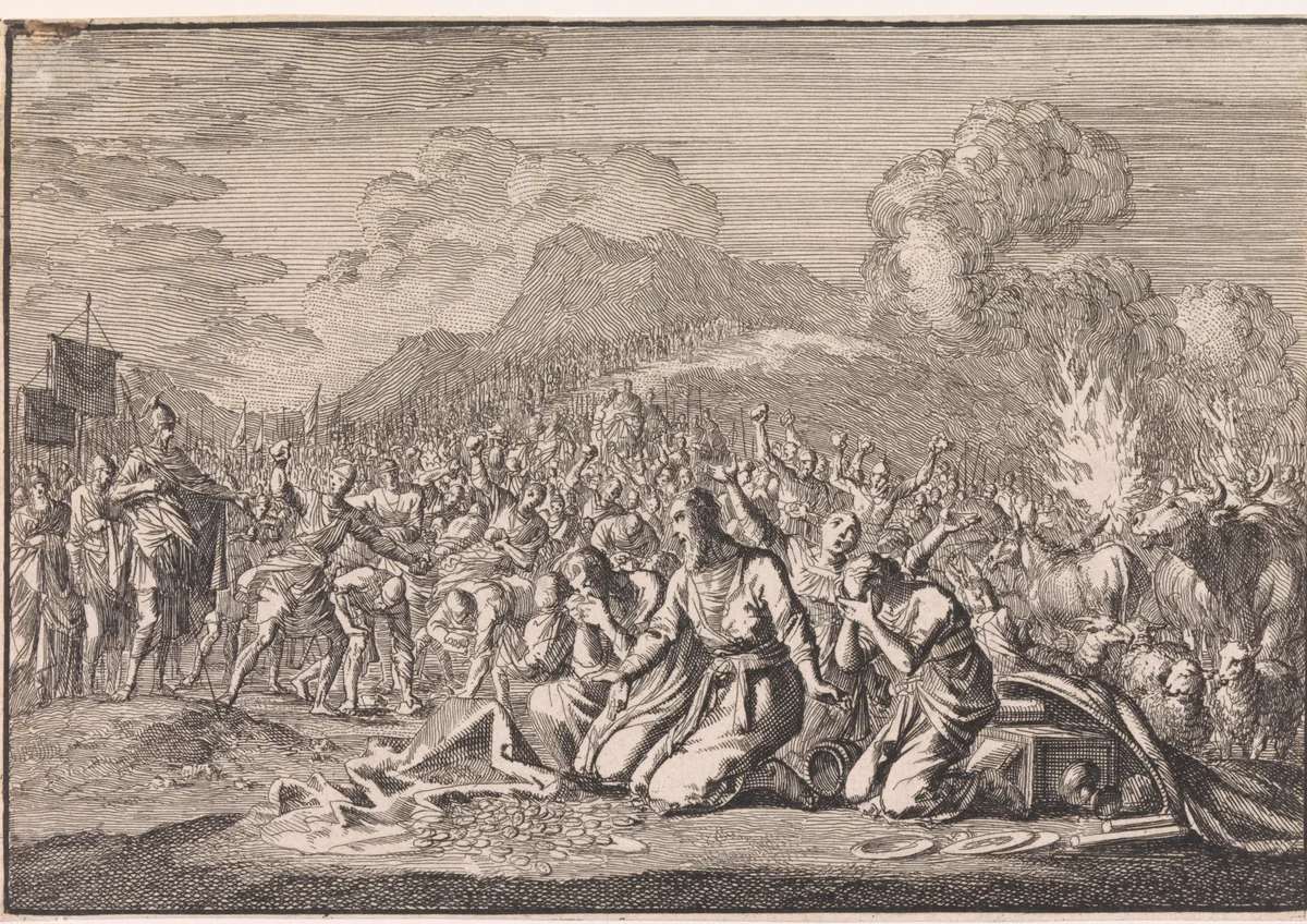 Steniging van Achan en zijn familie by Jan Luyken, print, 1703