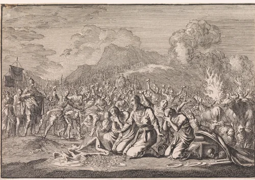 Steniging van Achan en zijn familie by Jan Luyken, print, 1703