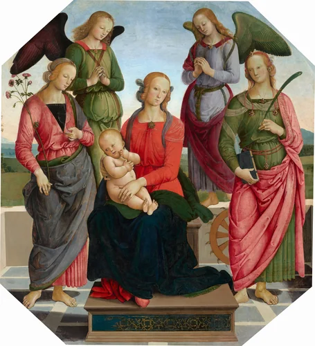 Madonna and Child with Two Angels, Saint Rose, and Saint Catherine of Alexandria by Pietro Perugino, painting, 1485-1495