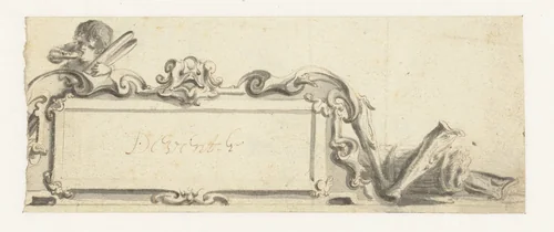 Deel van een cartouche met een masker en een figuur by Pieter Jansz, drawing, 1644-1649