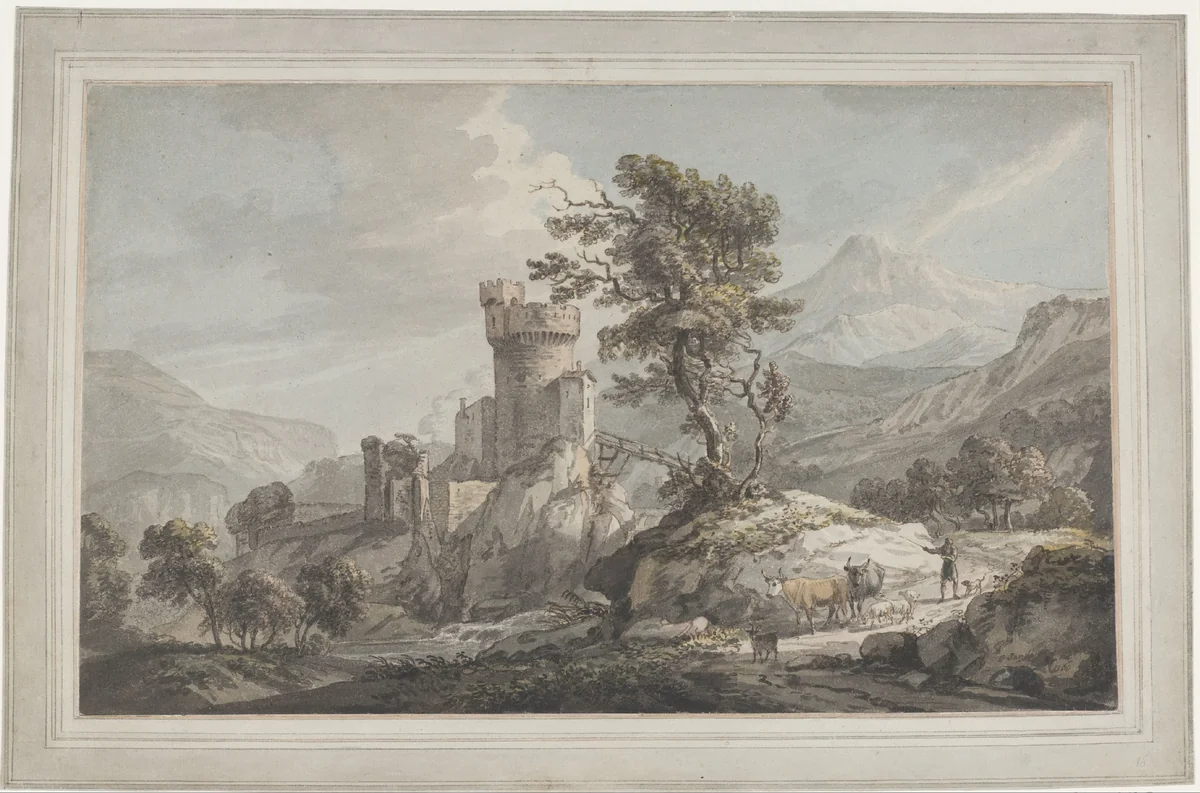 Berglandschap met een burcht by Paul Sandby, drawing, 1760