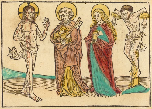 Christ Showing His Wounds to Peter, the Magdalene and the Good Thief by German 15th Century, print, 1480-1490