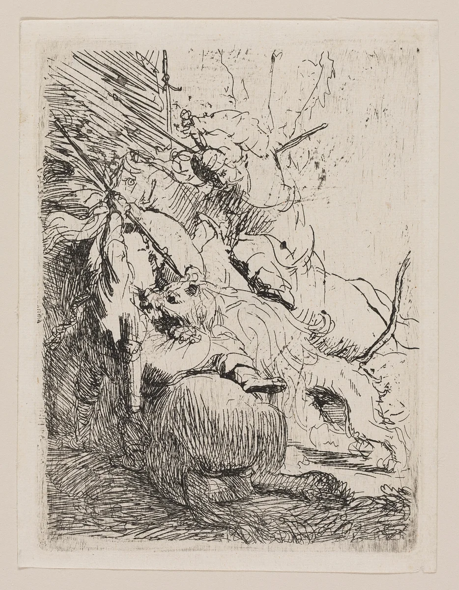 The Small Lion Hunt (With One Lion) by Rembrandt van Rijn, print, 1624-1634