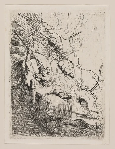 The Small Lion Hunt (With One Lion) by Rembrandt van Rijn, print, 1624-1634