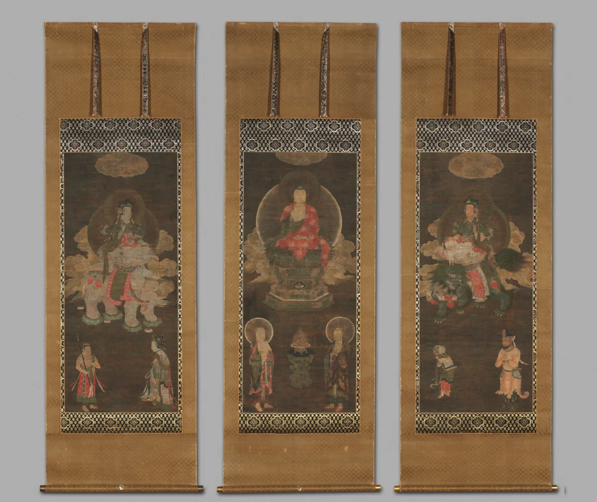 Shakyamuni Triad: Buddha Attended by Manjushri and Samantabhadra by Unknown, painting, 1350-1368