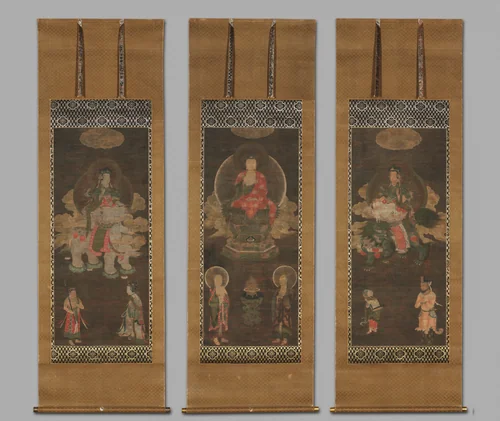 Shakyamuni Triad: Buddha Attended by Manjushri and Samantabhadra by Unknown, painting, 1350-1368