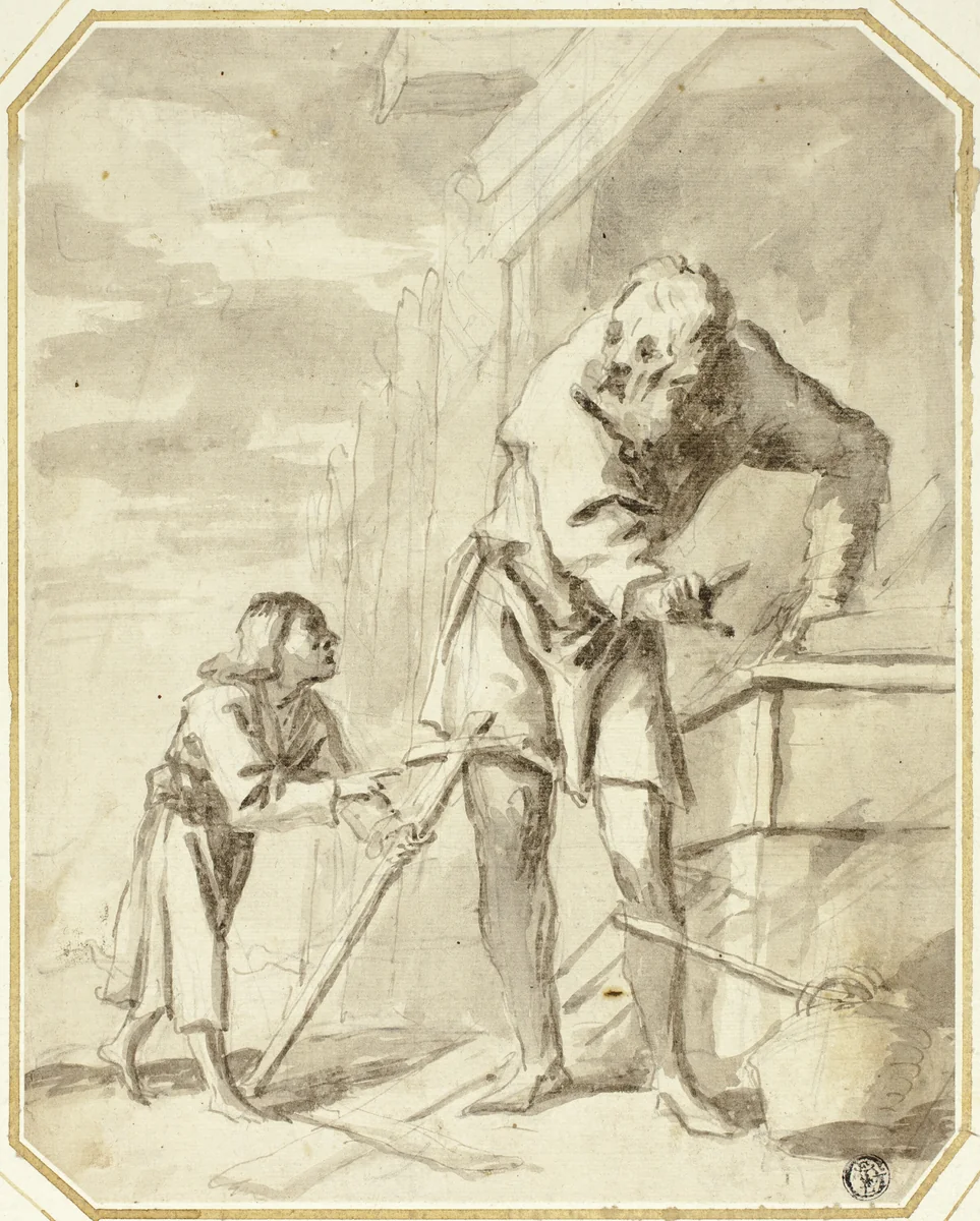 Saint Joseph with the Child Jesus in his Carpentry Shop by Pietro della Vecchia, drawing, 1600-1699
