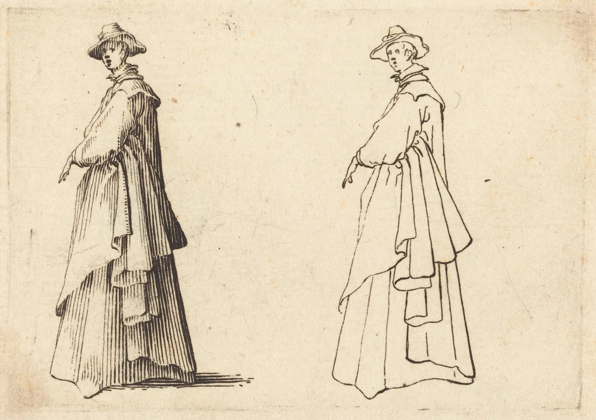 Lady in a Large Coat by Jacques Callot, print, 1617