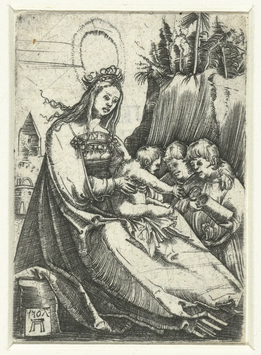 Maria met het Christuskind en twee jongetjes by Unknown, print, 1507