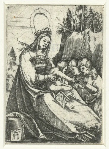 Maria met het Christuskind en twee jongetjes by Unknown, print, 1507