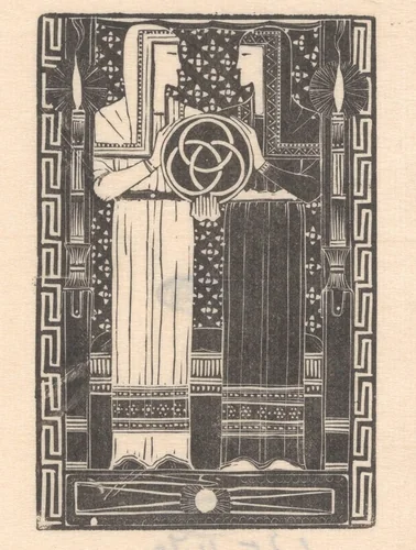 Twee figuren met een cirkel met ringen by Mathieu Lauweriks, print, 1895