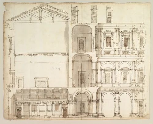 Palazzo Farnese, section (recto) blank (verso) by anonymous, drawing, 1500-1560