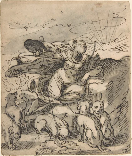 Diana Resting with Her Hounds (recto); Flora Seated by a Vase with Two Harks on the Ground, after Jost Amman (verso) by Hermann Weyer, drawing, 1607-1615