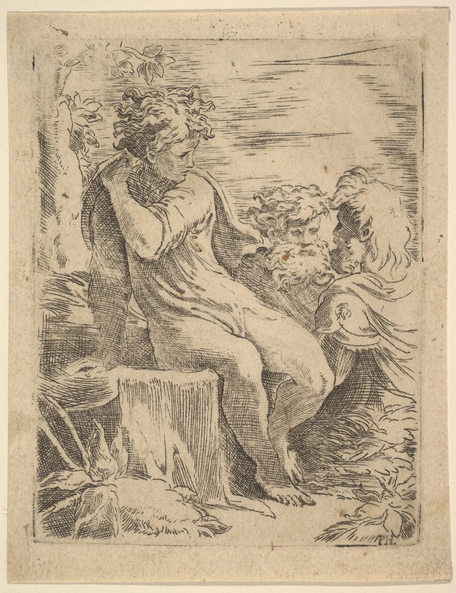 Youth with two old Men by anonymous, print, 1500-1599