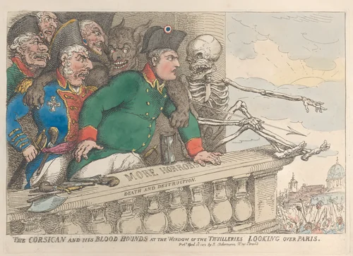 The Corsican and His Bloodhounds at the Window of the Thuilleries Looking Over Paris by Thomas Rowlandson, print, 1815