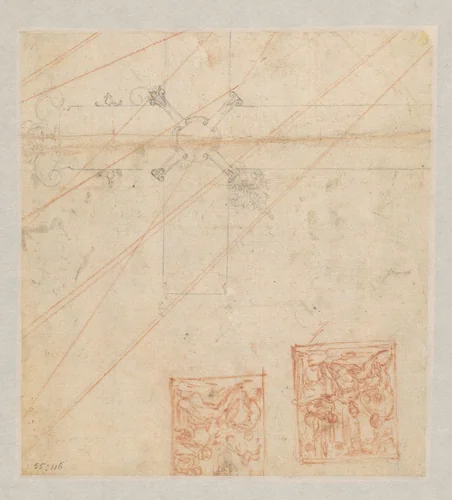 Ontwerp voor een versierd altaarkruis en twee ontwerpen voor een Sacra Conversazione by Cherubino Alberti, drawing, 1563-1615