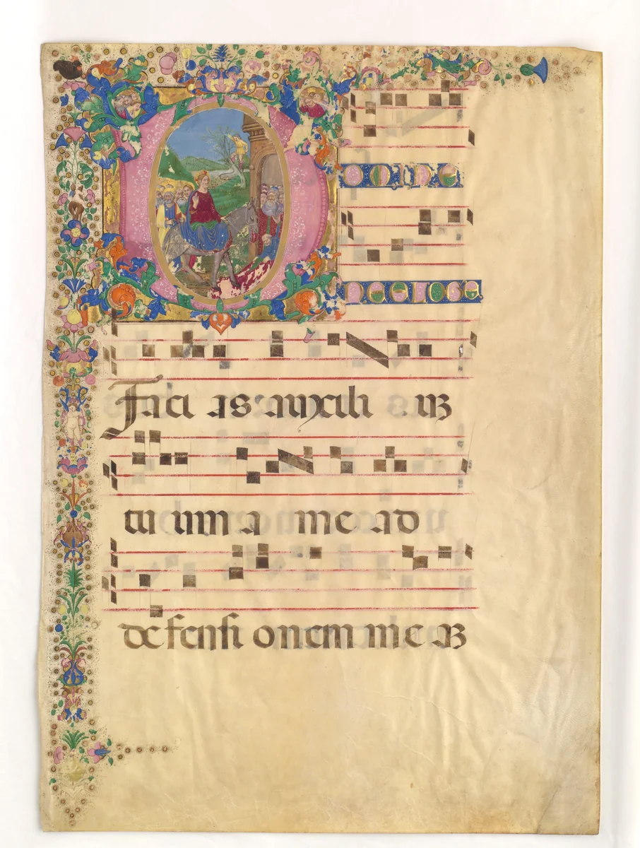 Manuscript Leaf with Entry into Jerusalem on Palm Sunday in an Initial D, from a Gradual by Bartolomeo di Domenico, manuscript, 1400-1599