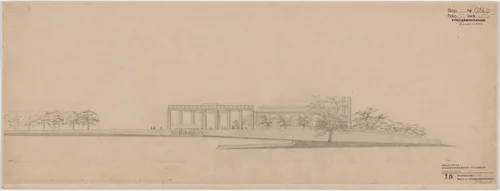 Woodland Crematorium, Stockholm, Sweden, Second version: exterior elevation by Erik Gunnar Asplund, architecture, 1935