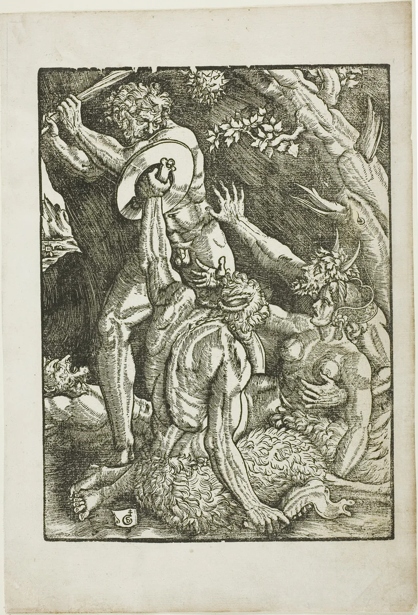 Hercules, Two Satyrs, and a Woman, plate two from The Labors of Hercules by Gabriel Salmon, print, 1523-1533