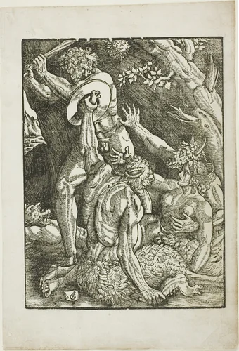 Hercules, Two Satyrs, and a Woman, plate two from The Labors of Hercules by Gabriel Salmon, print, 1523-1533