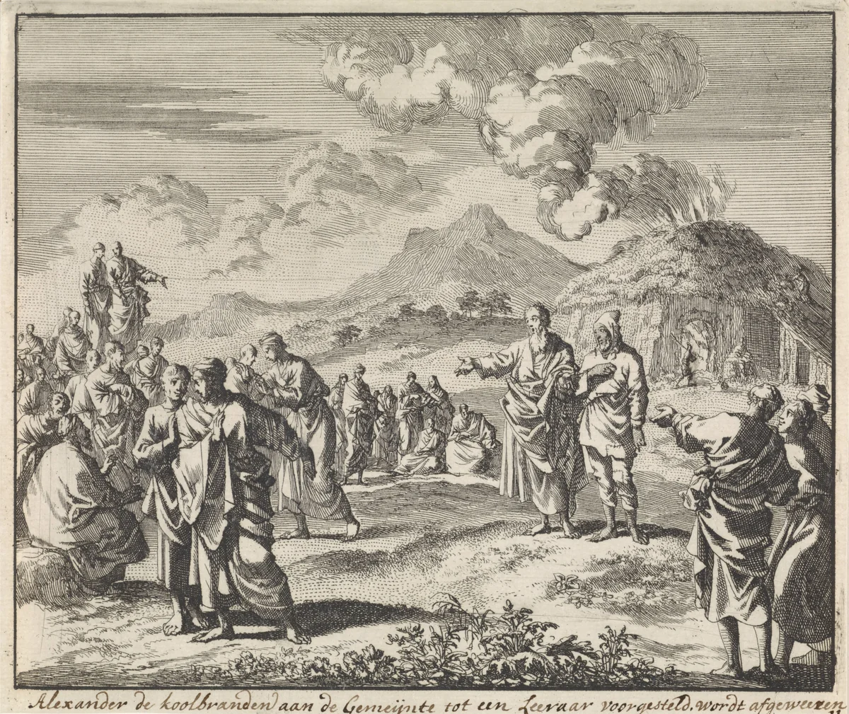 Heilige Alexander Carbonarius wordt door de vroeg-Christelijke gemeente afgewezen by Jan Luyken, print, 1700