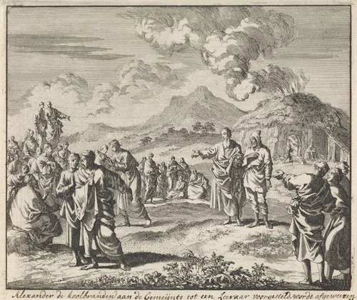 Heilige Alexander Carbonarius wordt door de vroeg-Christelijke gemeente afgewezen by Jan Luyken, print, 1700