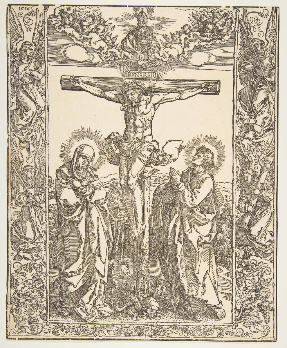 Christ on the Cross between the Virgin and Saint John by Albrecht Dürer, print, 1516