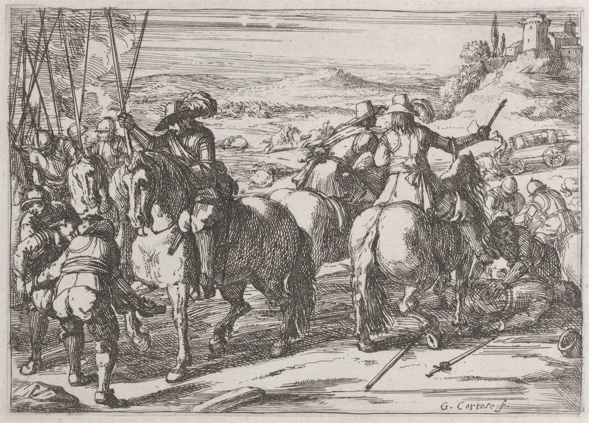 Plate 4: the rescuing of dead and wounded soldiers by Jacques Courtois, print, 1635-1660