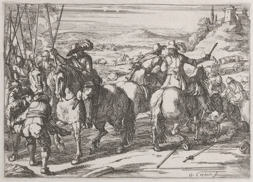 Plate 4: the rescuing of dead and wounded soldiers by Jacques Courtois, print, 1635-1660