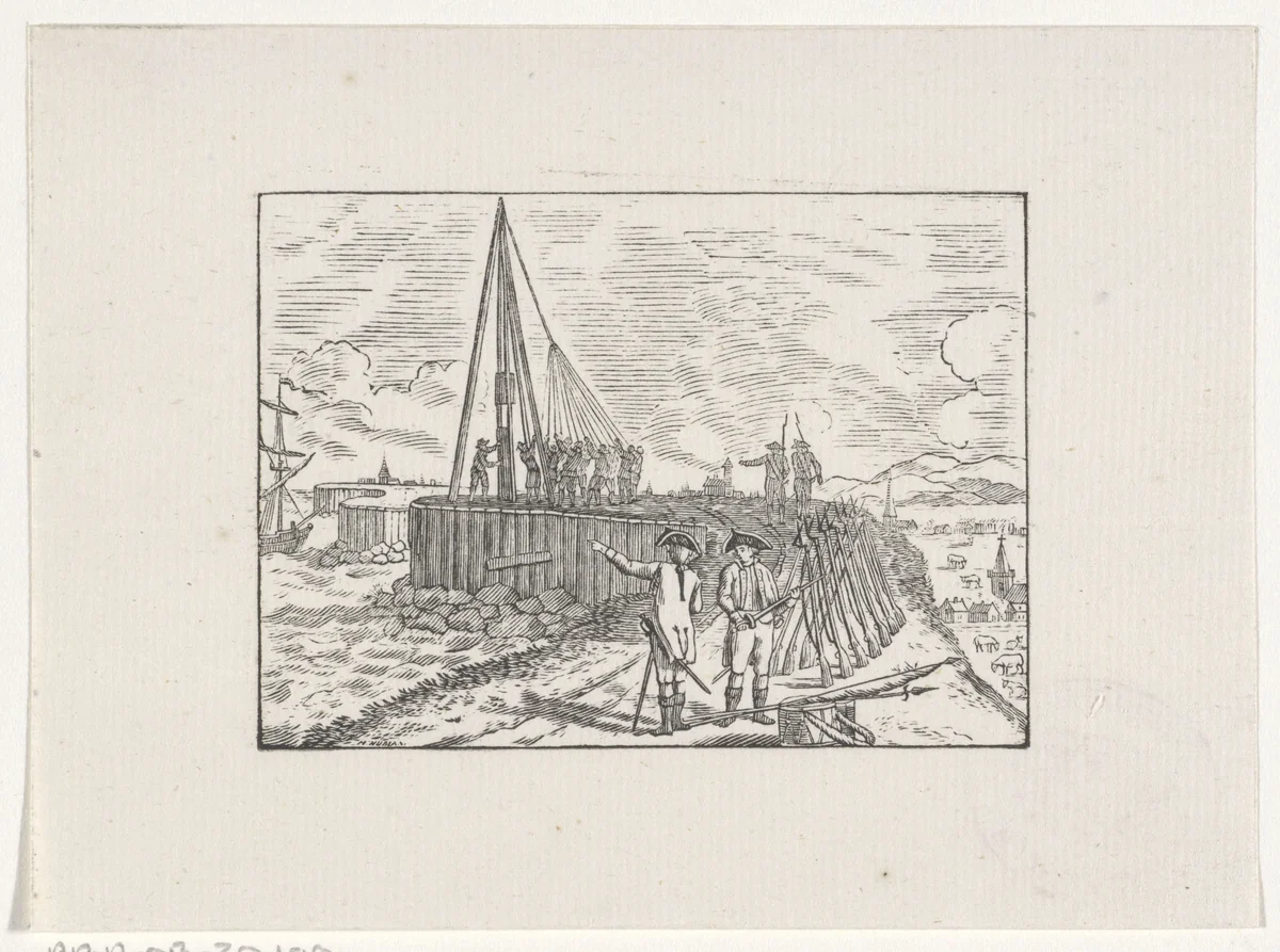 Soldaten op een versterkte kustlijn aan het werk by Hendrik Numan, print, 1746-1788