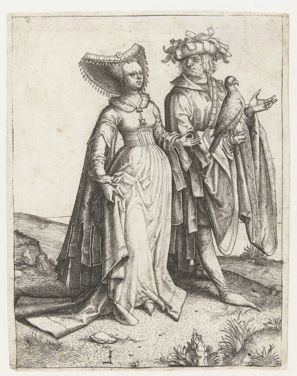 Wandelend paar met havik by Unknown, print, 1505-1509
