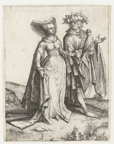 Wandelend paar met havik by Unknown, print, 1505-1509