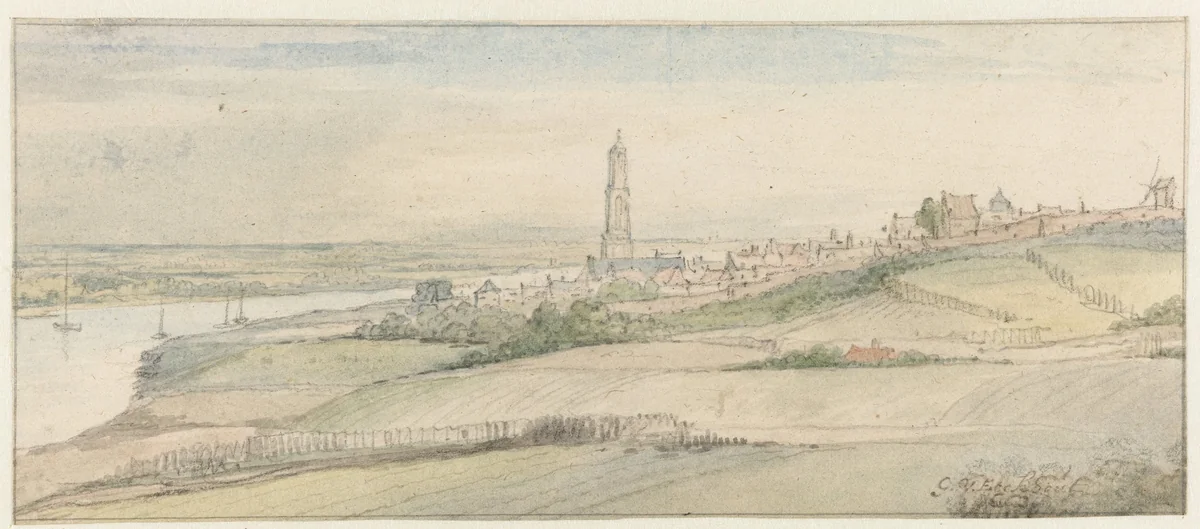 View of Rhenen and the Rhine from the East by Gerbrand van den Eeckhout, drawing, 1663