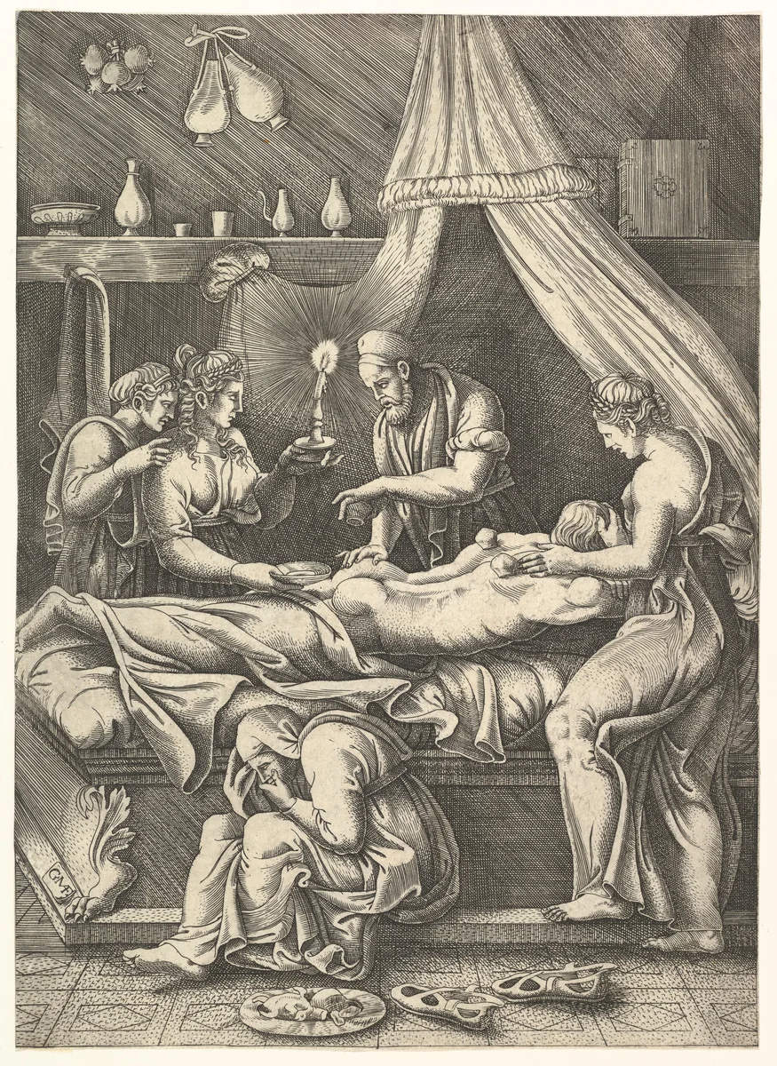 An allegory of sickness, man laying prostrate on a bed surrounded by figures by Giorgio Ghisi, print, 1535-1545