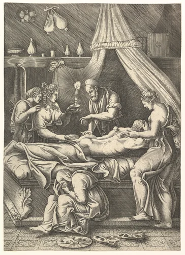 An allegory of sickness, man laying prostrate on a bed surrounded by figures by Giorgio Ghisi, print, 1535-1545