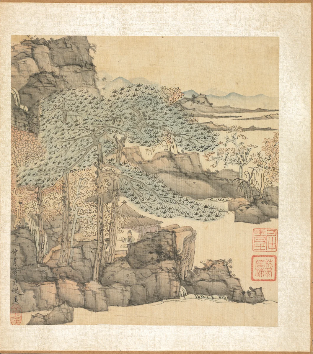Paintings after Ancient Masters: Scholar Reading in a Thatched Hut by a Waterfall by Chen Hongshou, painting, 1598-1652