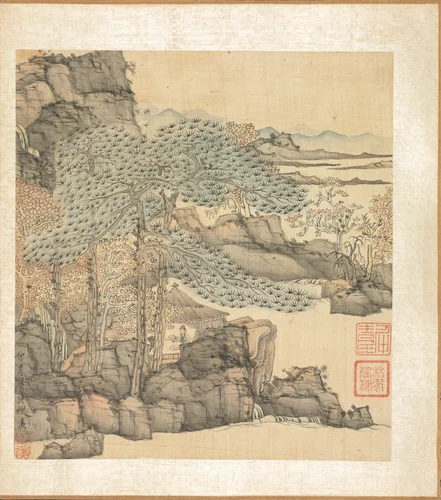 Paintings after Ancient Masters: Scholar Reading in a Thatched Hut by a Waterfall by Chen Hongshou, painting, 1598-1652