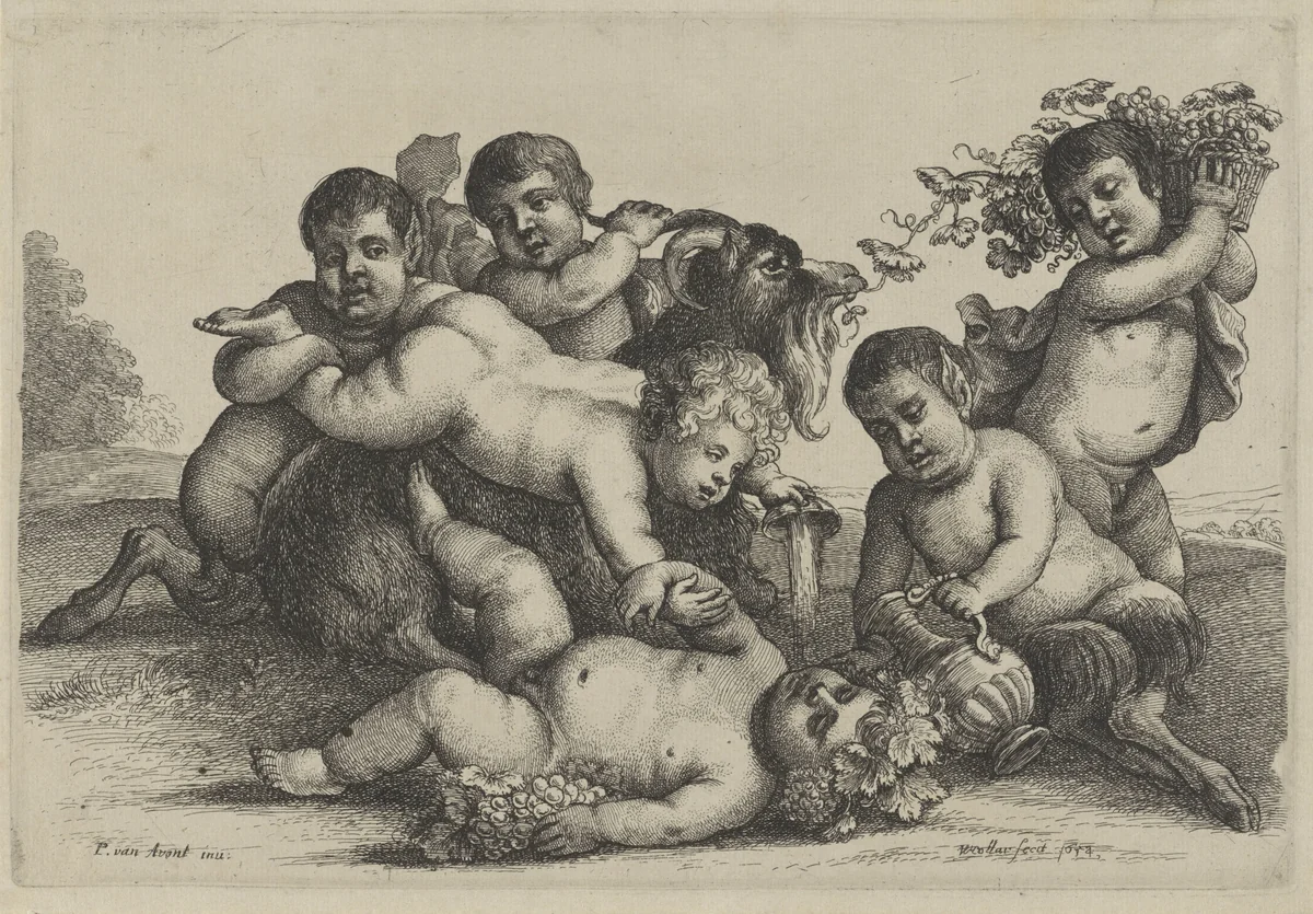 Drie jongetjes, twee saters, een bacchant en een geit by Wenceslaus Hollar, print, 1644-1652